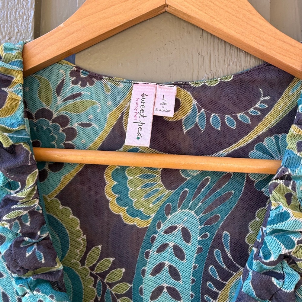Sweet Pea Paisley Mesh Top Women Large Ruffle V-Neck Cap Sleeve Blue Green Brown - Picture 4 of 9